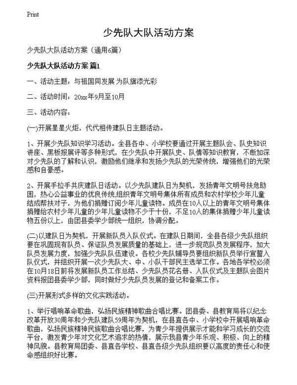 少先队大队活动方案