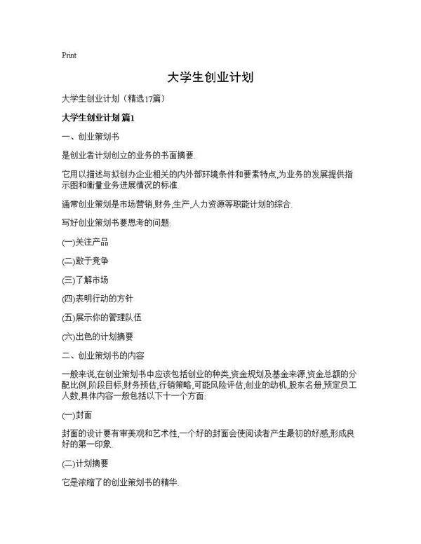 大学生创业计划17篇