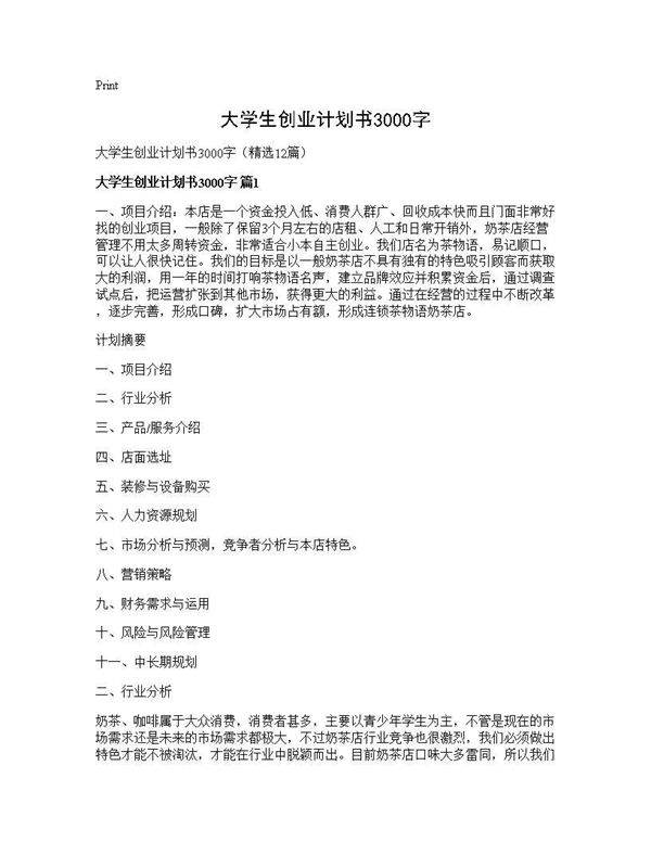 大学生创业计划书3000字12篇