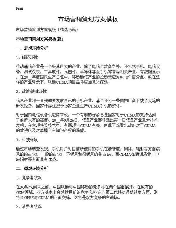 市场营销策划方案模板