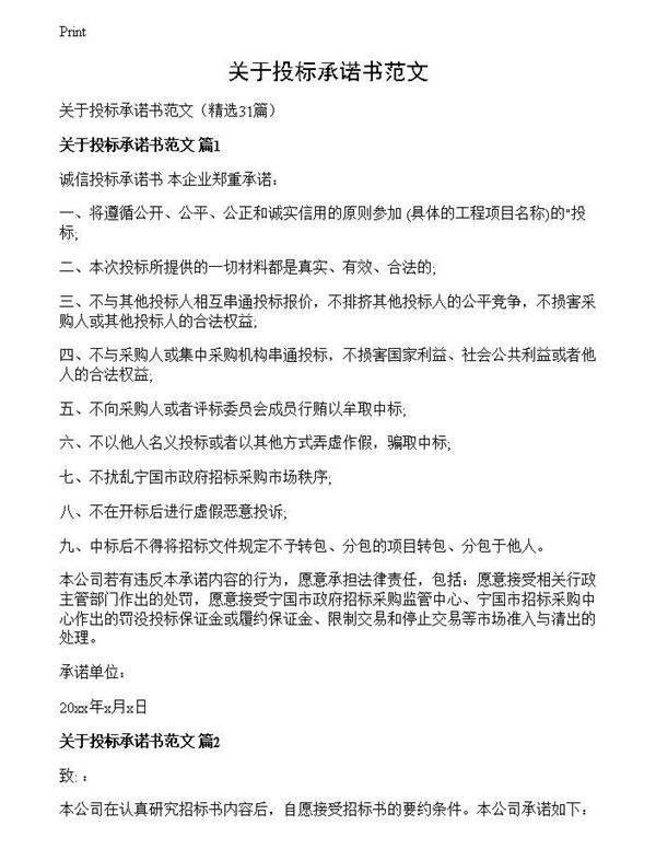关于投标承诺书范文