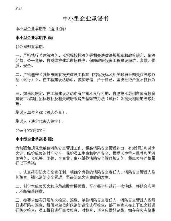 中小型企业承诺书
