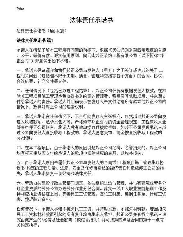 法律责任承诺书