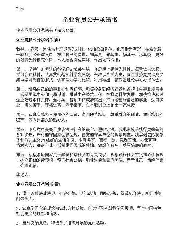 企业党员公开承诺书