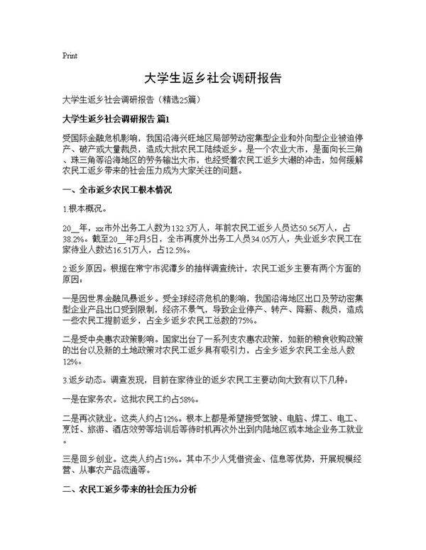 大学生返乡社会调研报告25篇