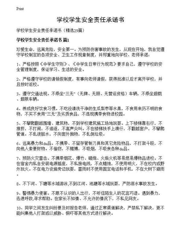 学校学生安全责任承诺书