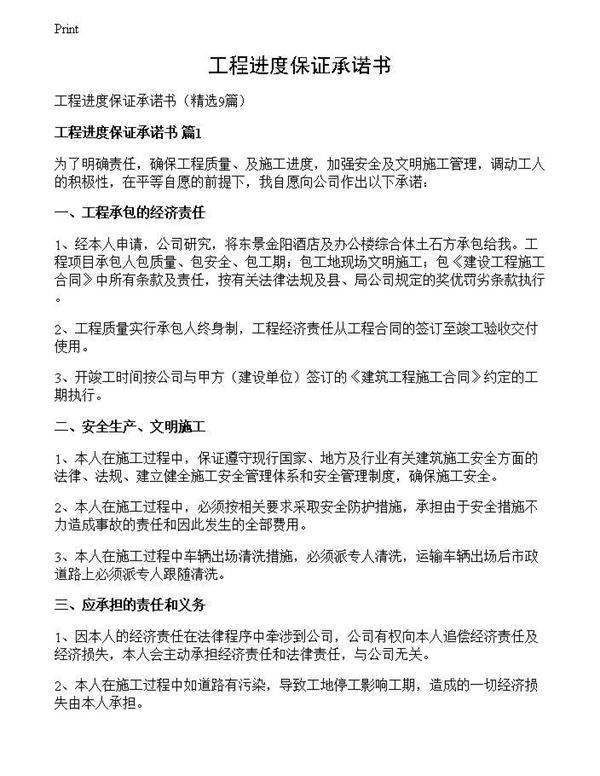 工程进度保证承诺书