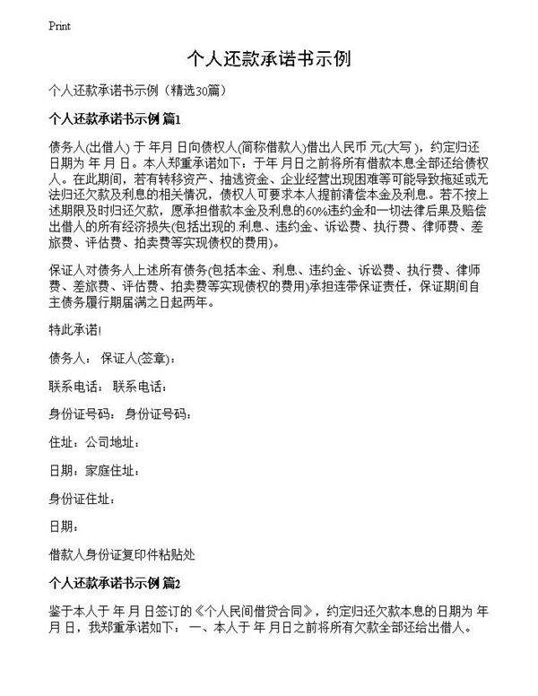 个人还款承诺书示例