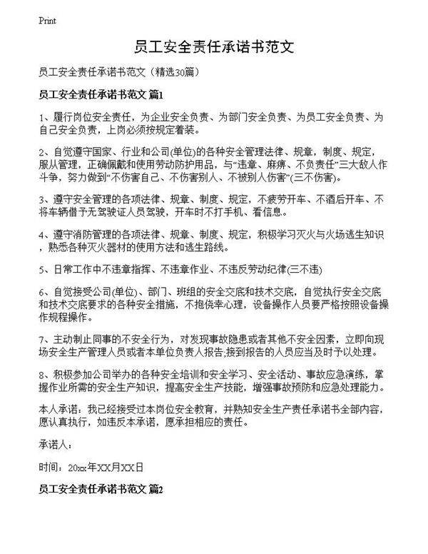 员工安全责任承诺书范文