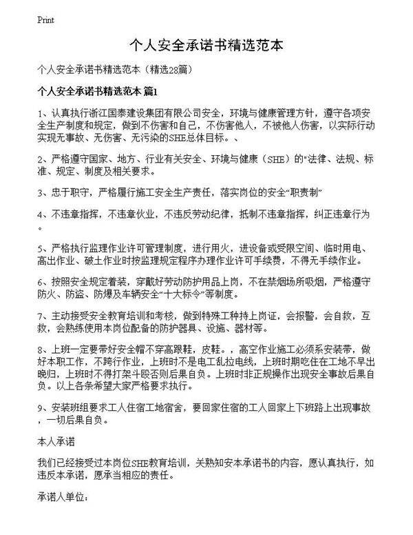 个人安全承诺书精选范本