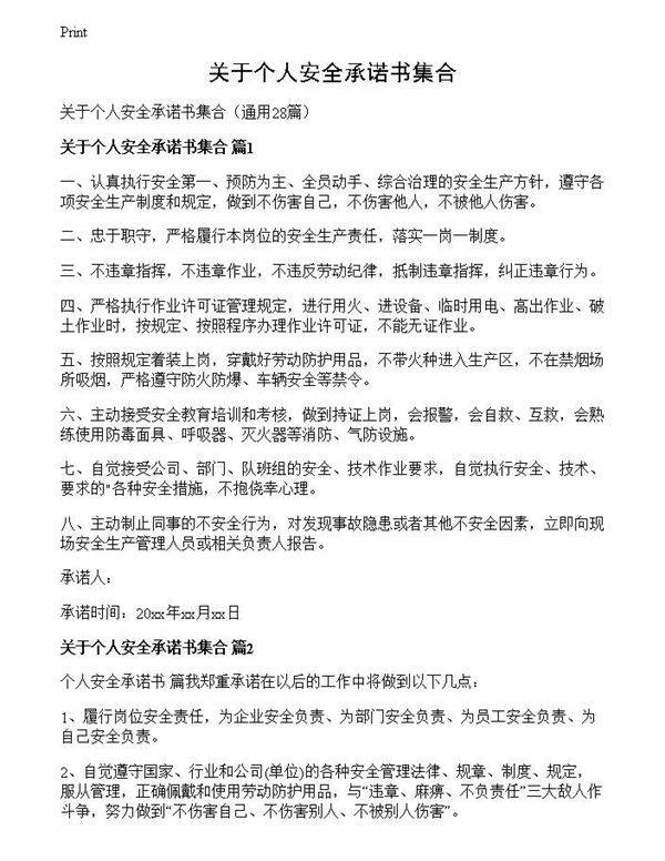 关于个人安全承诺书集合