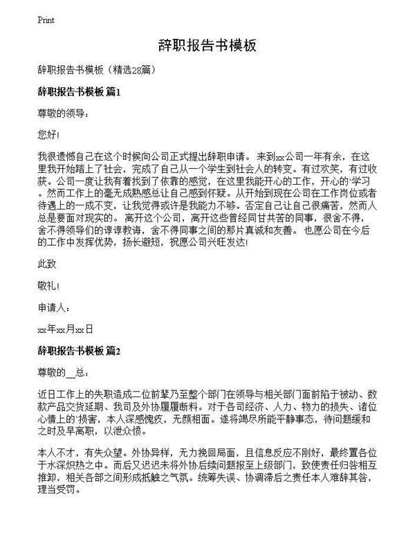 辞职报告书模板