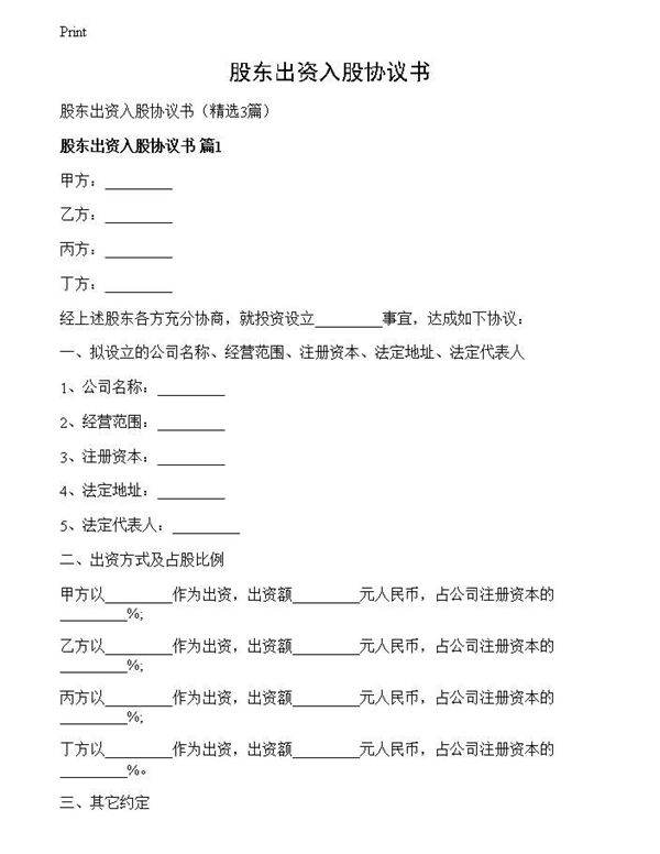 股东出资入股协议书