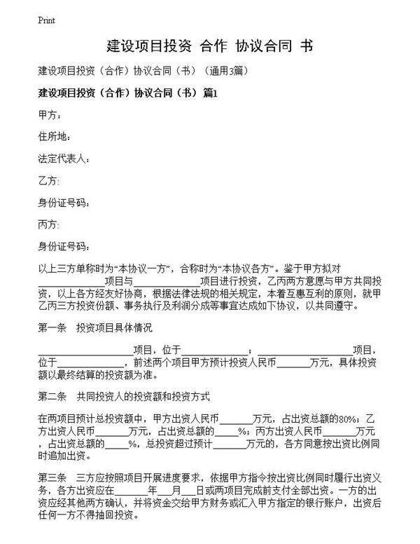 建设项目投资协议合同