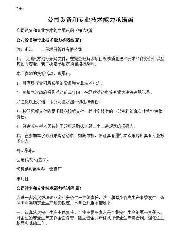 公司设备和专业技术能力承诺函