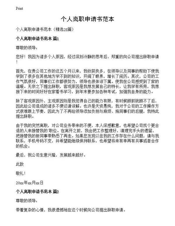 个人离职申请书范本