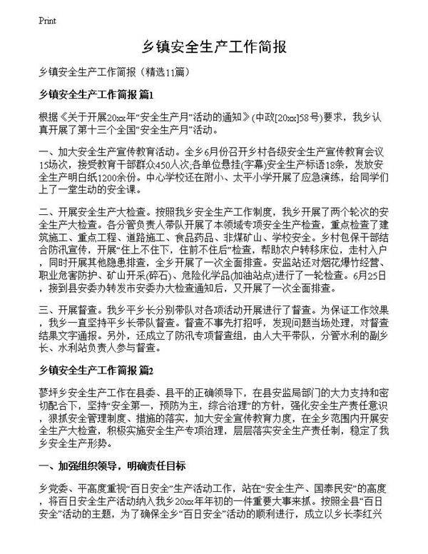 乡镇安全生产工作简报