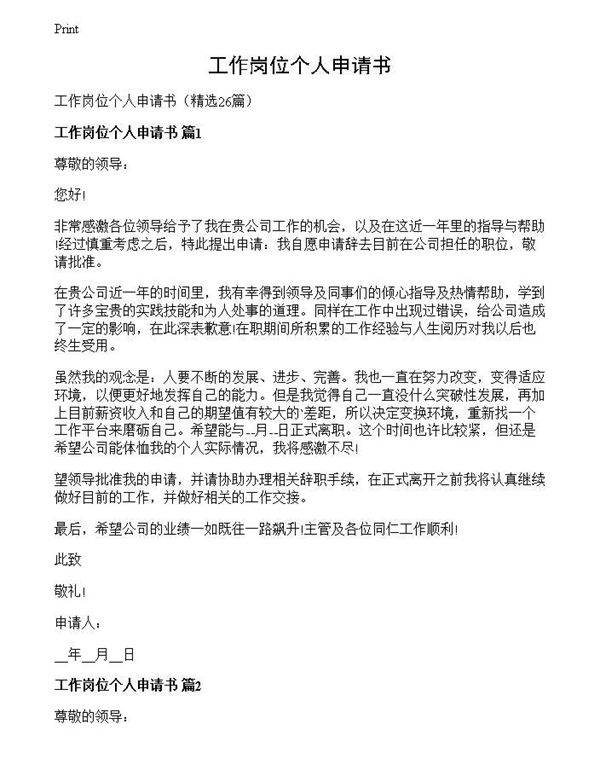 工作岗位个人申请书
