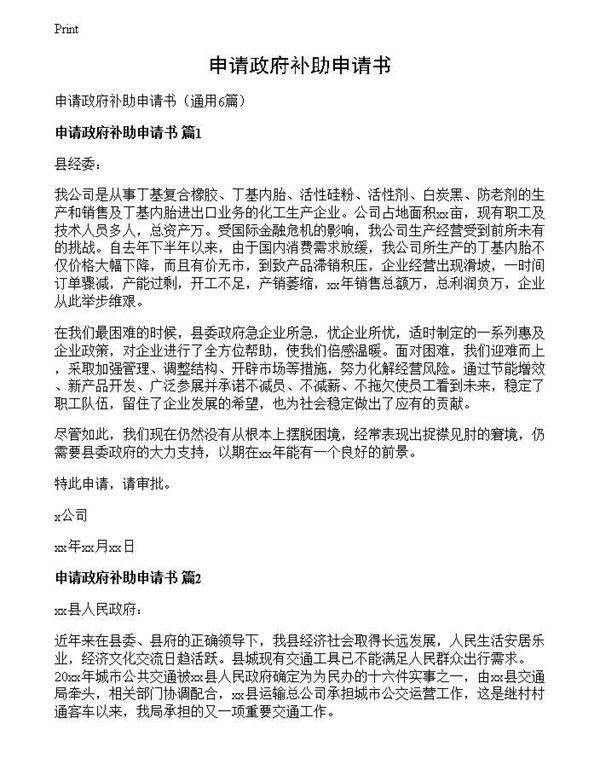 申请政府补助申请书