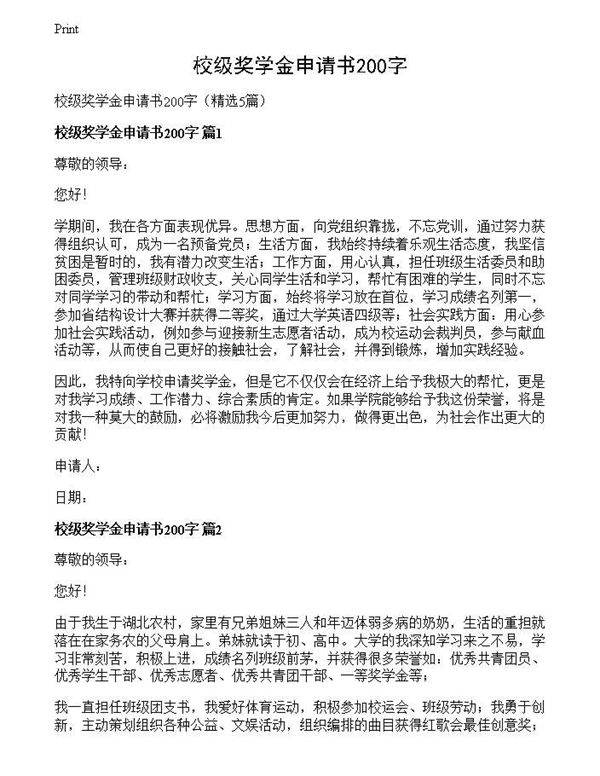 校级奖学金申请书200字