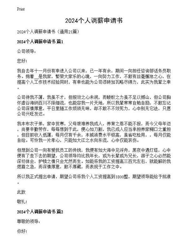 2024个人调薪申请书