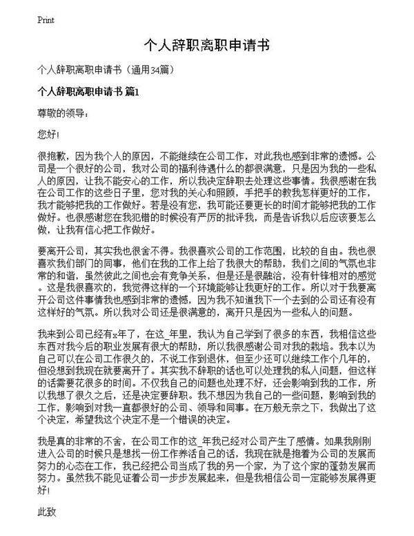 个人辞职离职申请书