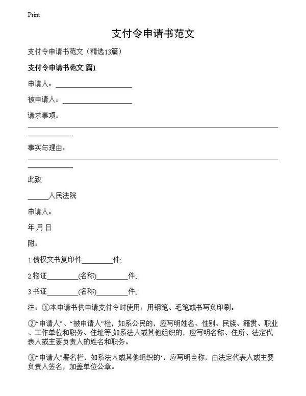 支付令申请书范文