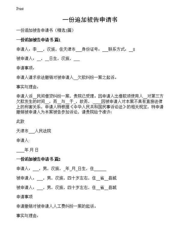 一份追加被告申请书