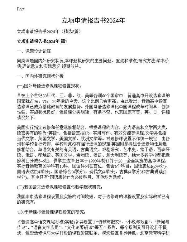 立项申请报告书2024年