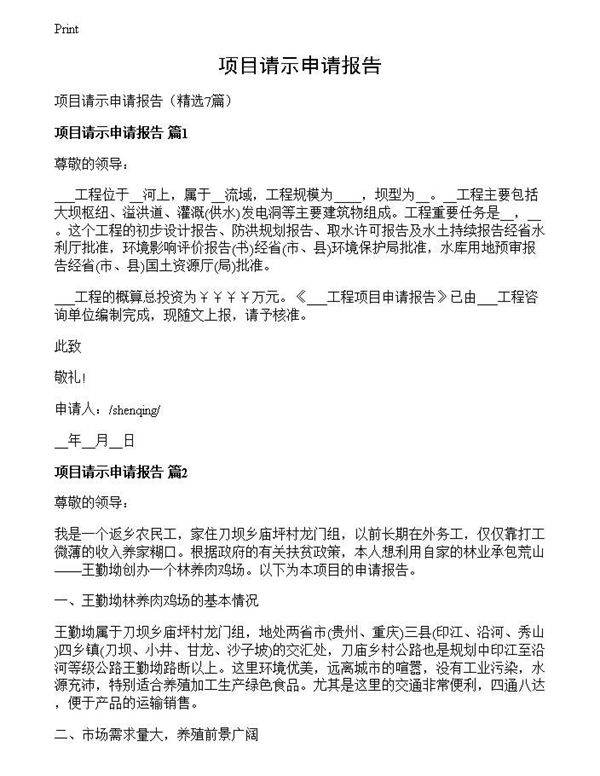 项目请示申请报告