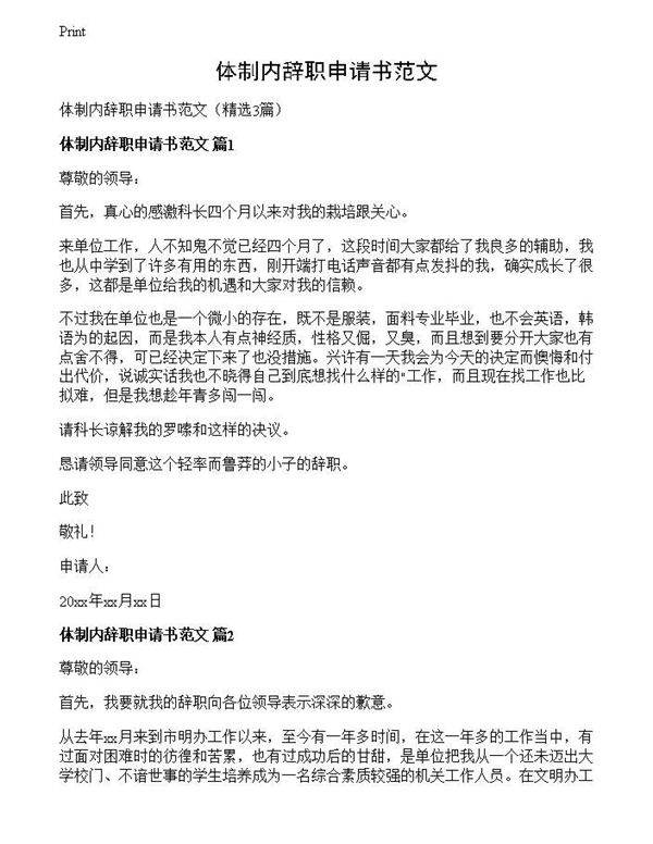 体制内辞职申请书范文