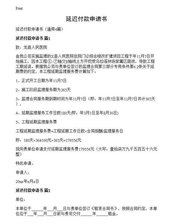 延迟付款申请书