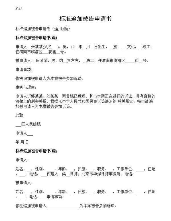 标准追加被告申请书