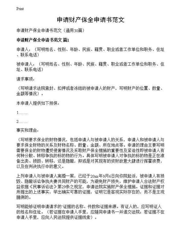 申请财产保全申请书范文