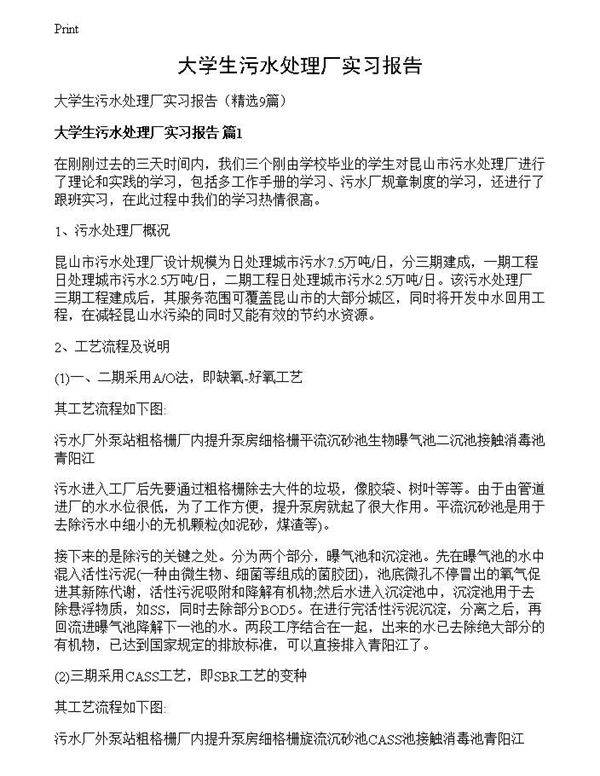 大学生污水处理厂实习报告