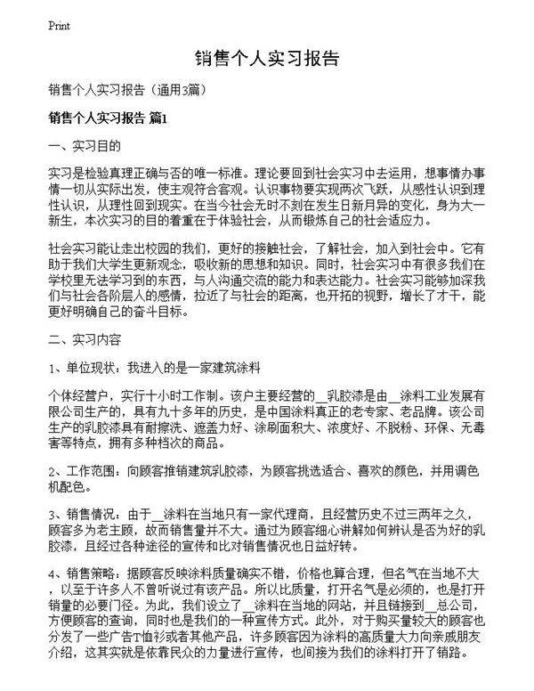 销售个人实习报告
