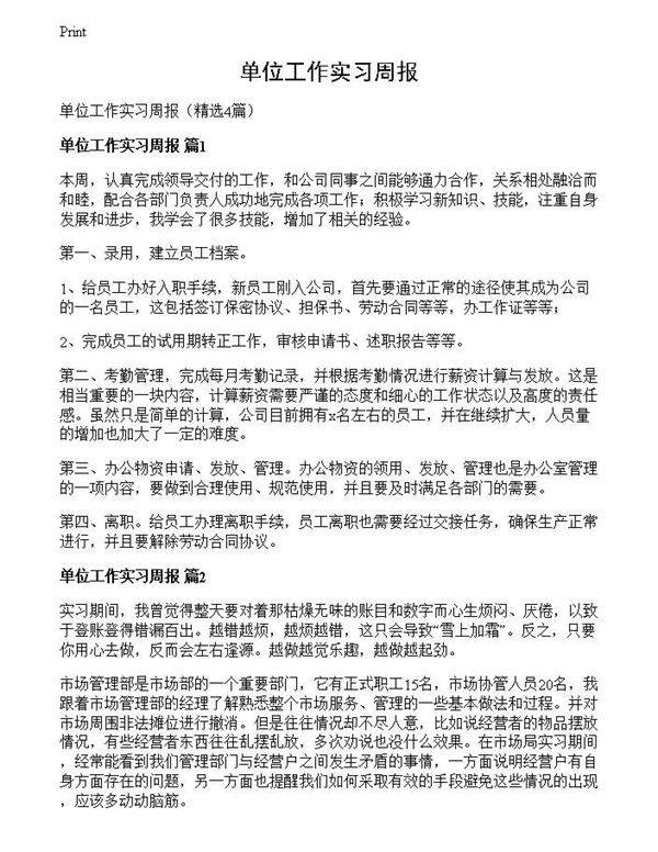 单位工作实习周报