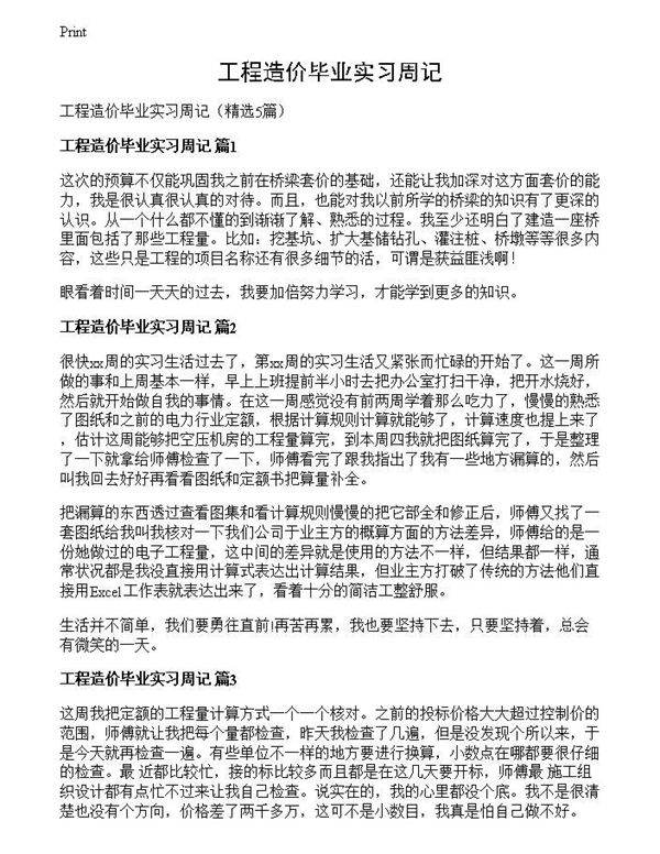 工程造价毕业实习周记