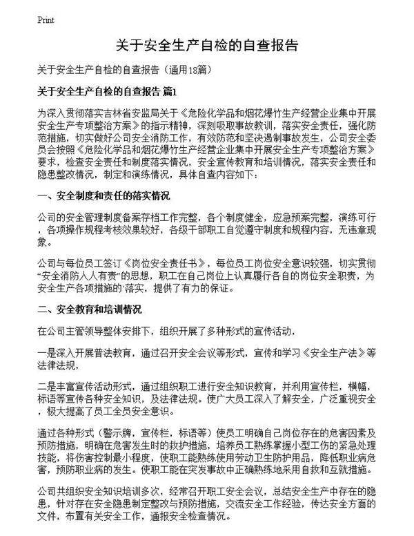 关于安全生产自检的自查报告