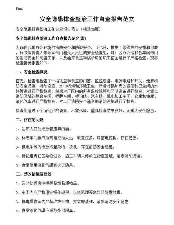 安全隐患排查整治工作自查报告范文