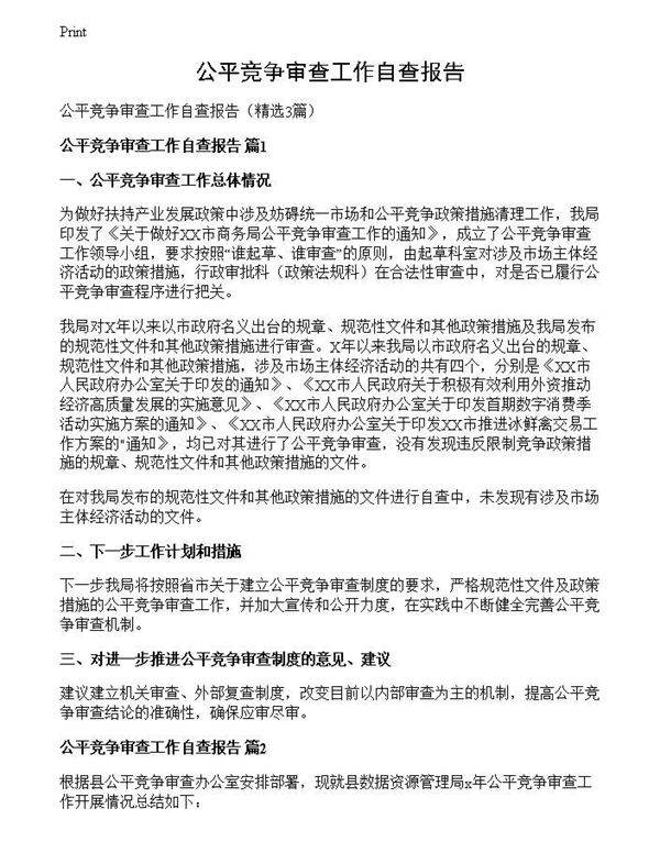 公平竞争审查工作自查报告