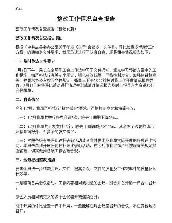 整改工作情况自查报告