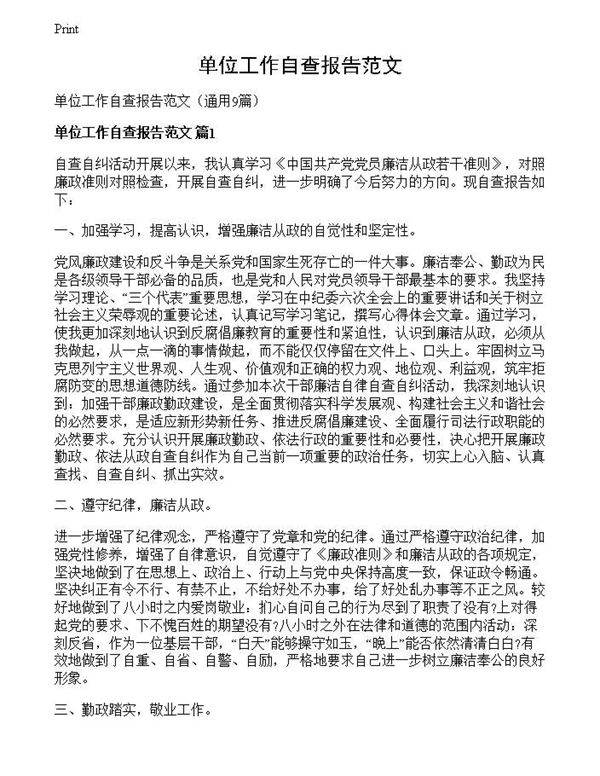 单位工作自查报告范文