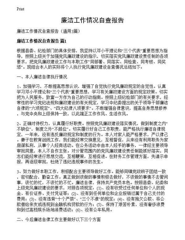 廉洁工作情况自查报告