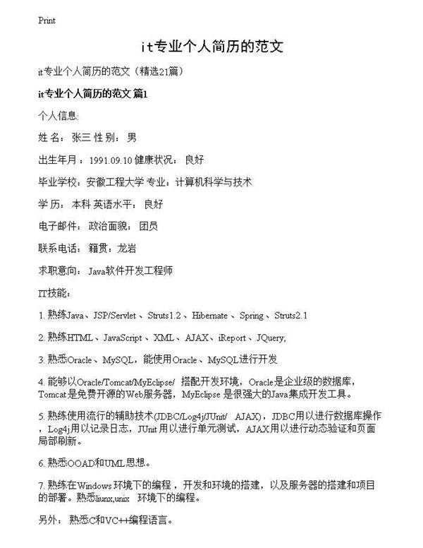 it专业个人简历的范文