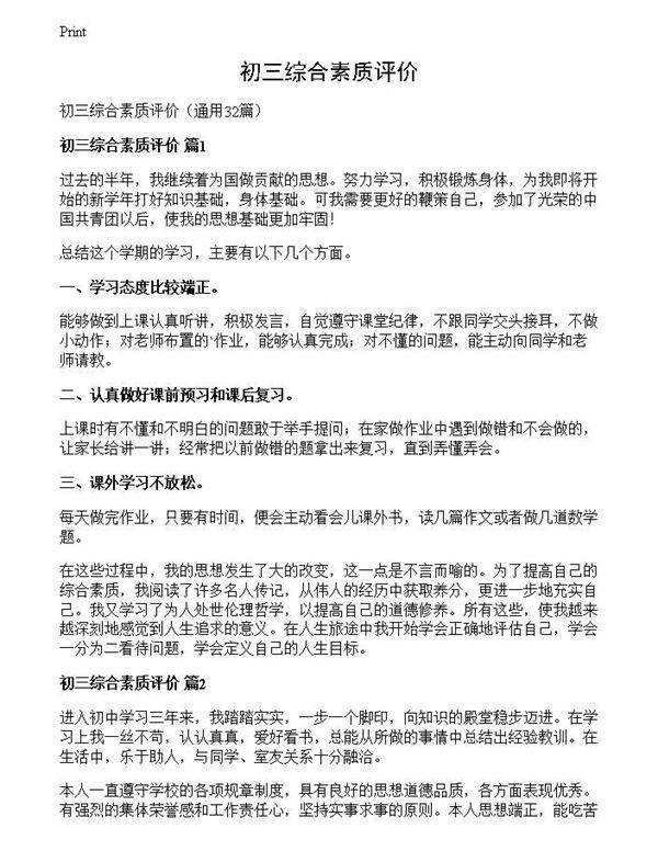 初三综合素质评价