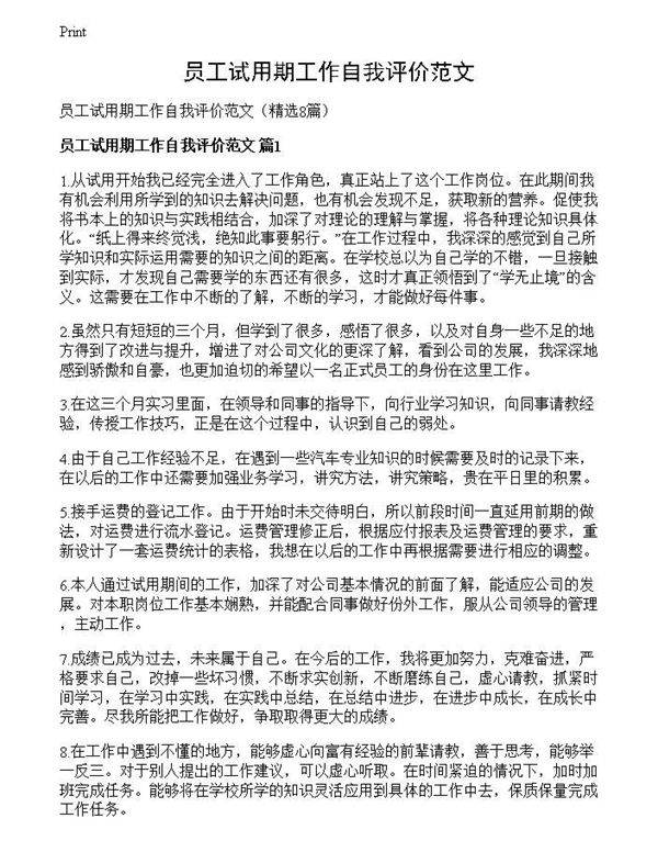 员工试用期工作自我评价范文