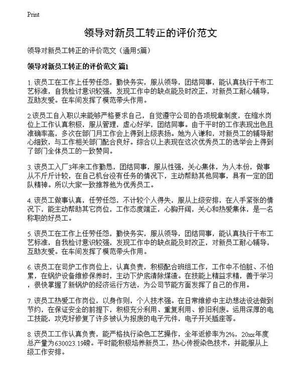 领导对新员工转正的评价范文