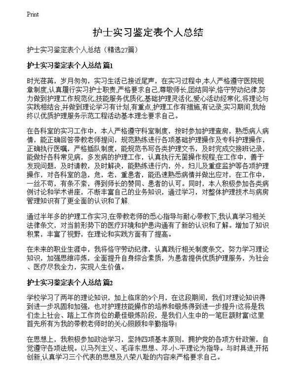 护士实习鉴定表个人总结