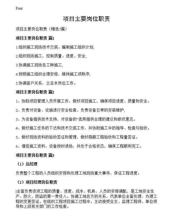 项目主要岗位职责